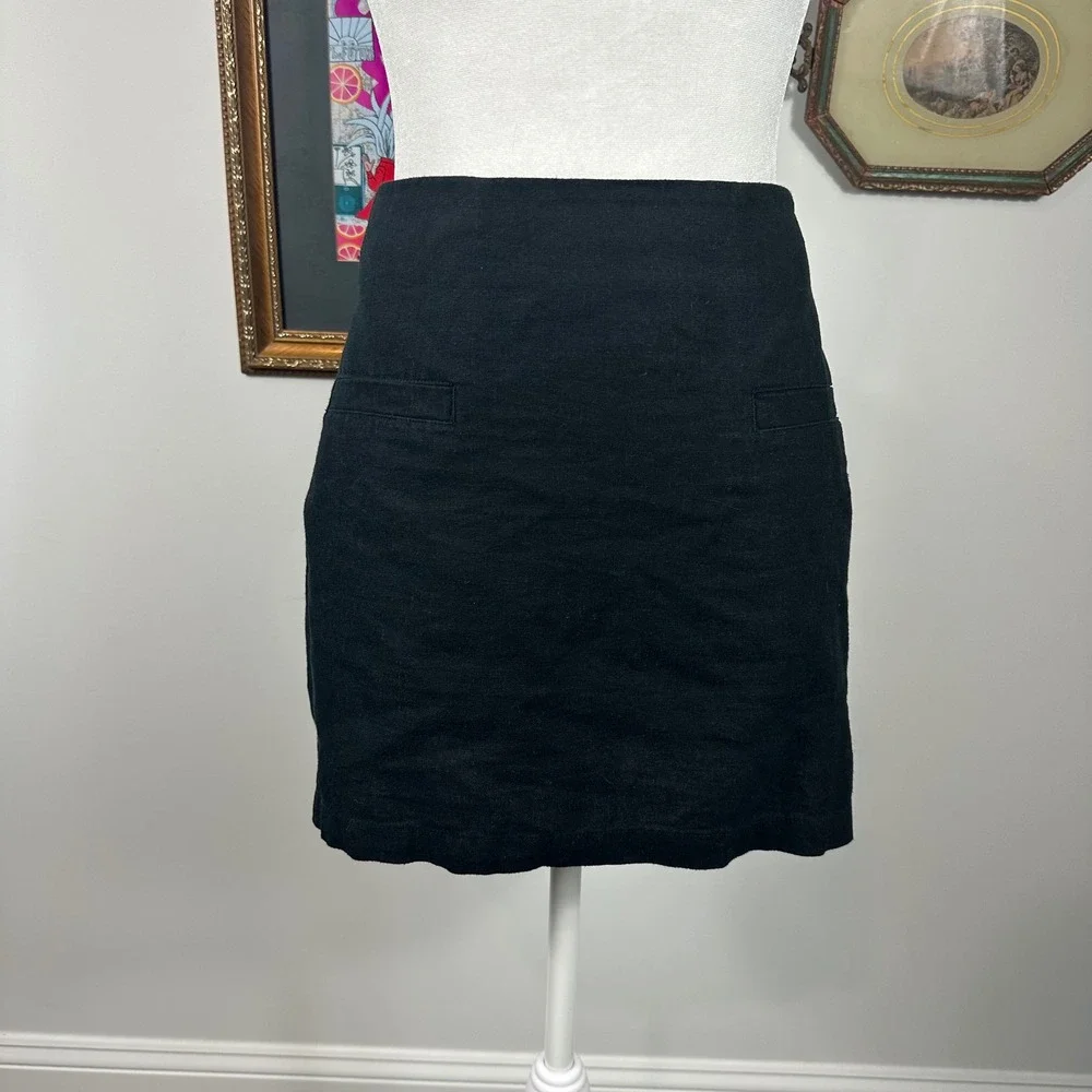 A New Day Black Linen Blend Mini Skirt - SIZE 12 Summer Minimalist Faux Pockets - Picture 2 of 5